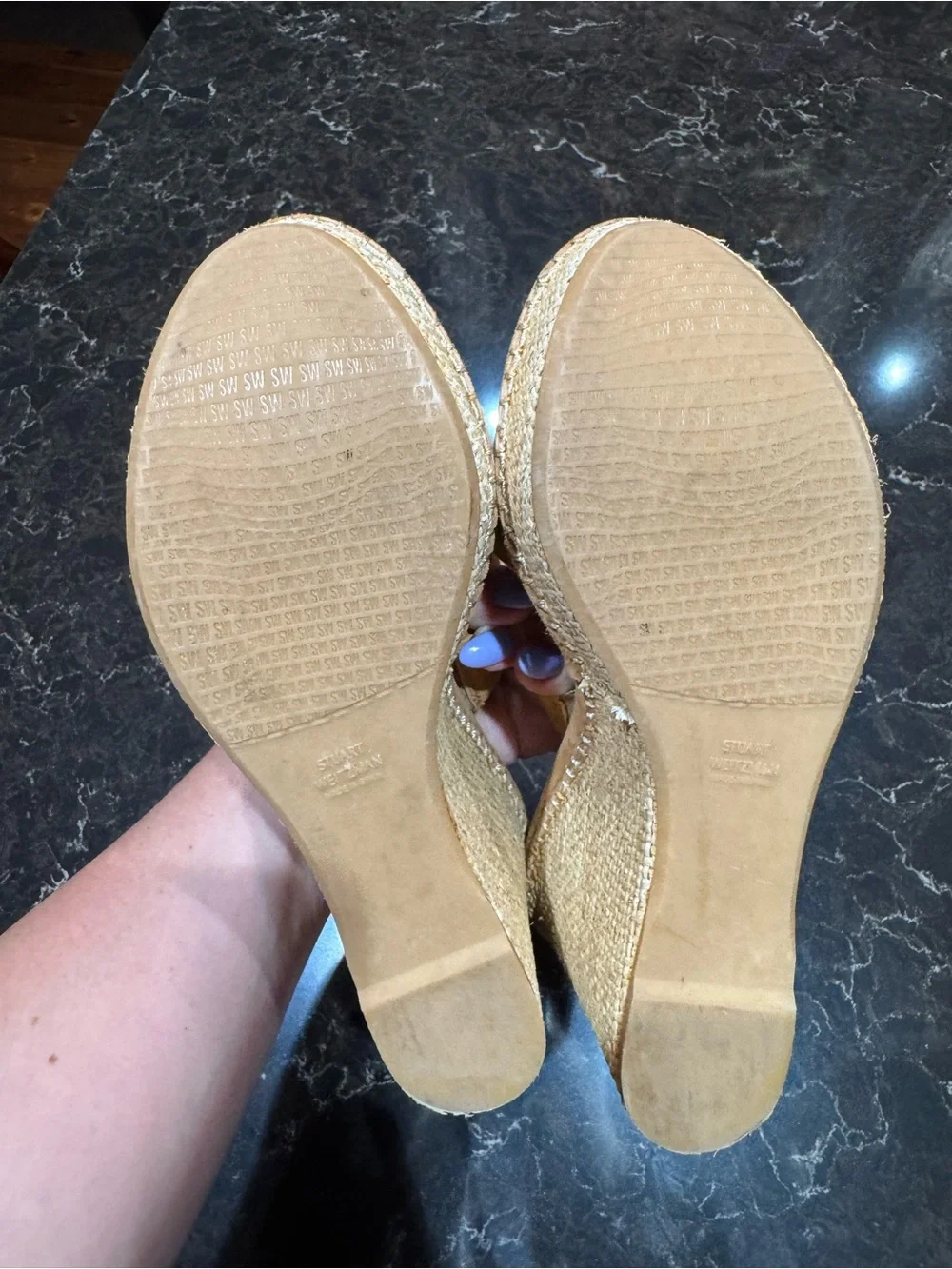 Stuart Weitzman Suede Espadrille Wedge Slides in Tan